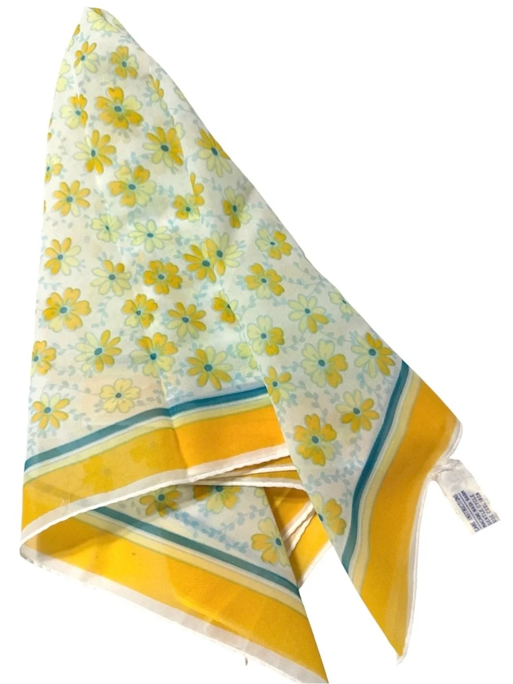1960’s Mod Flower Power Head Scarf in Yellow, Blue and White, Made in Japan